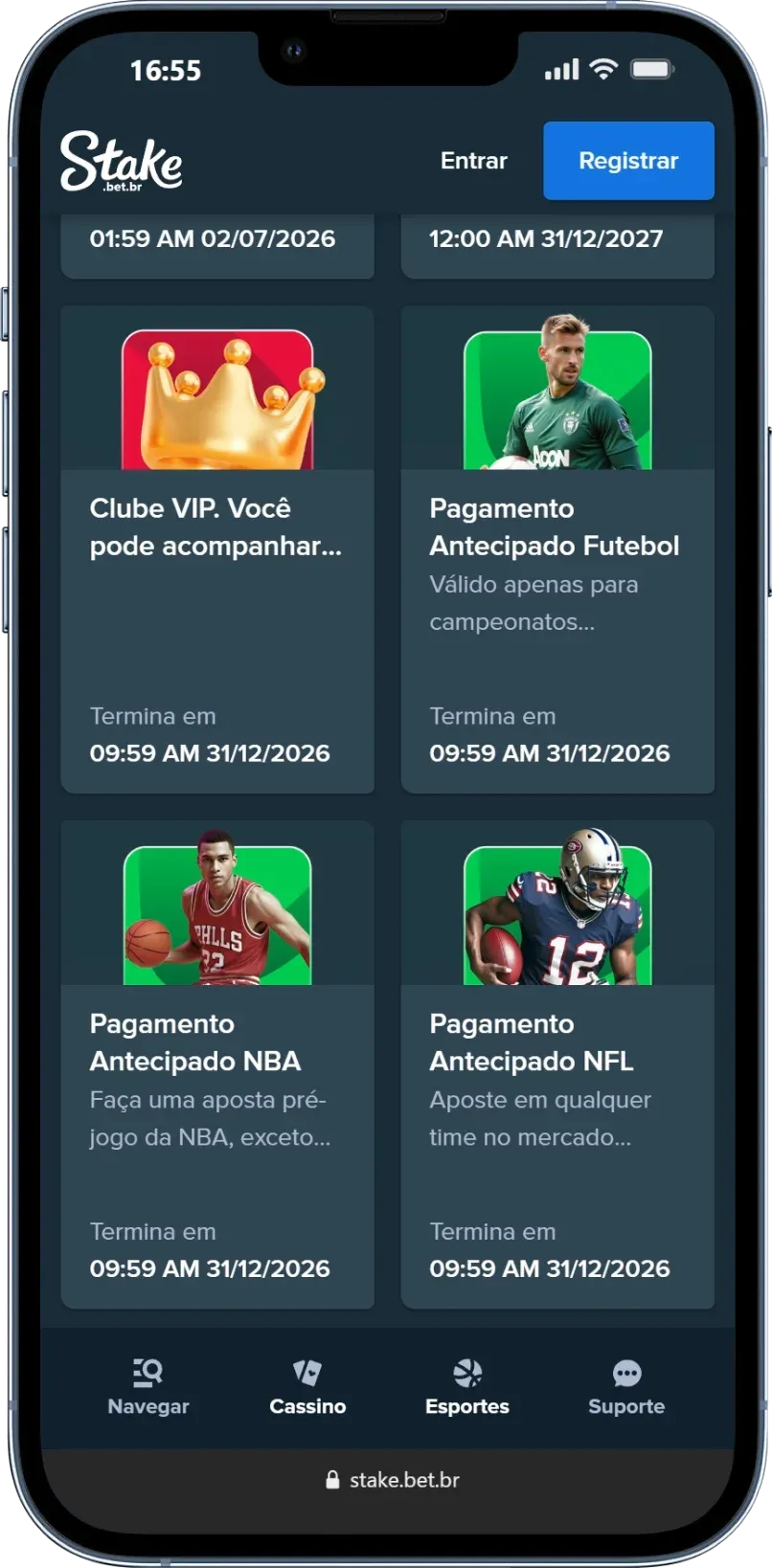 Interface de la Stake app sur mobile montrant les catégories de jeux et le menu de navigation